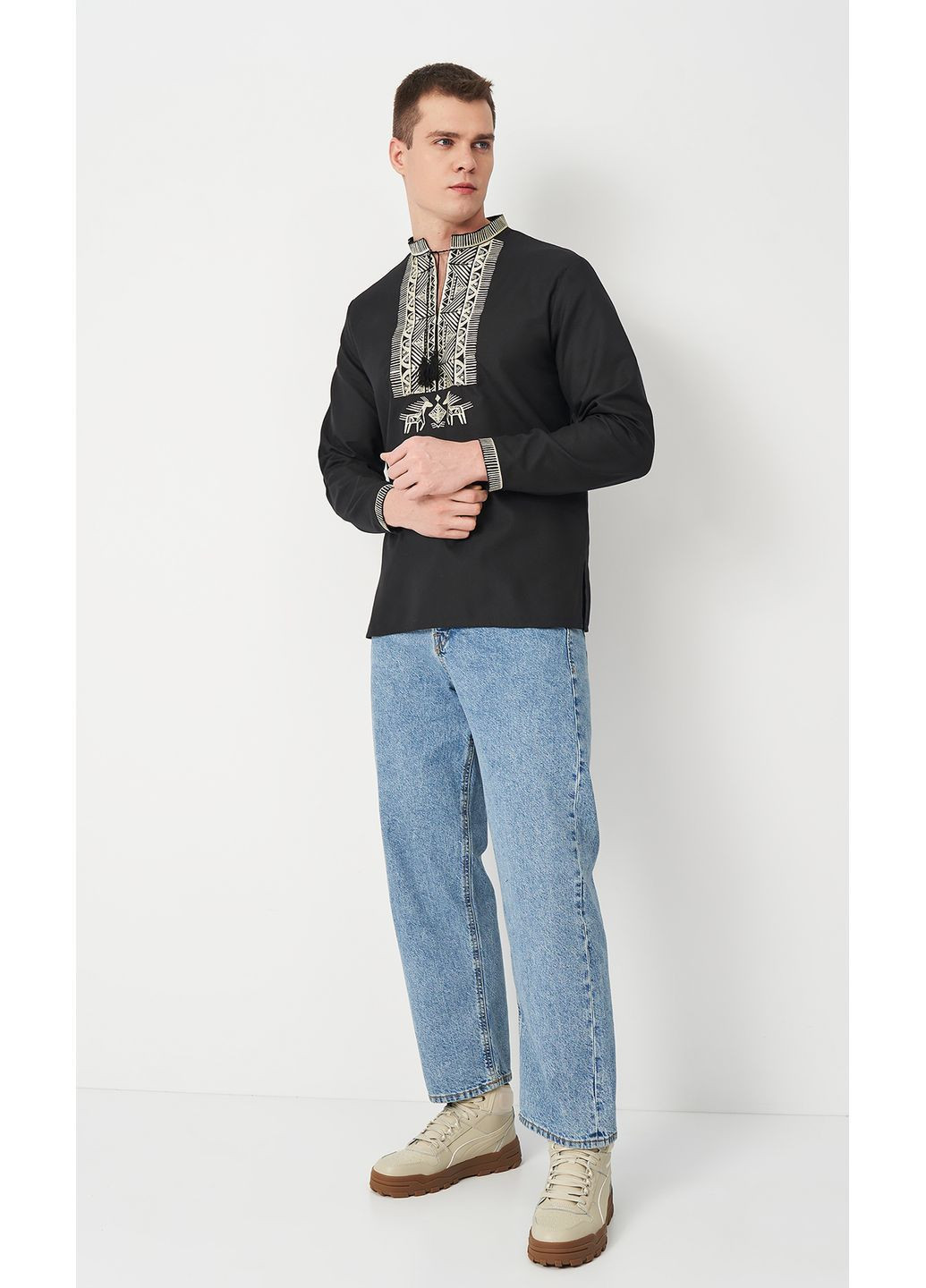 Чёрная мужская вышиванка vishivano4ka 645-6 узор орнамент прямой домотканное полотно (371886615)