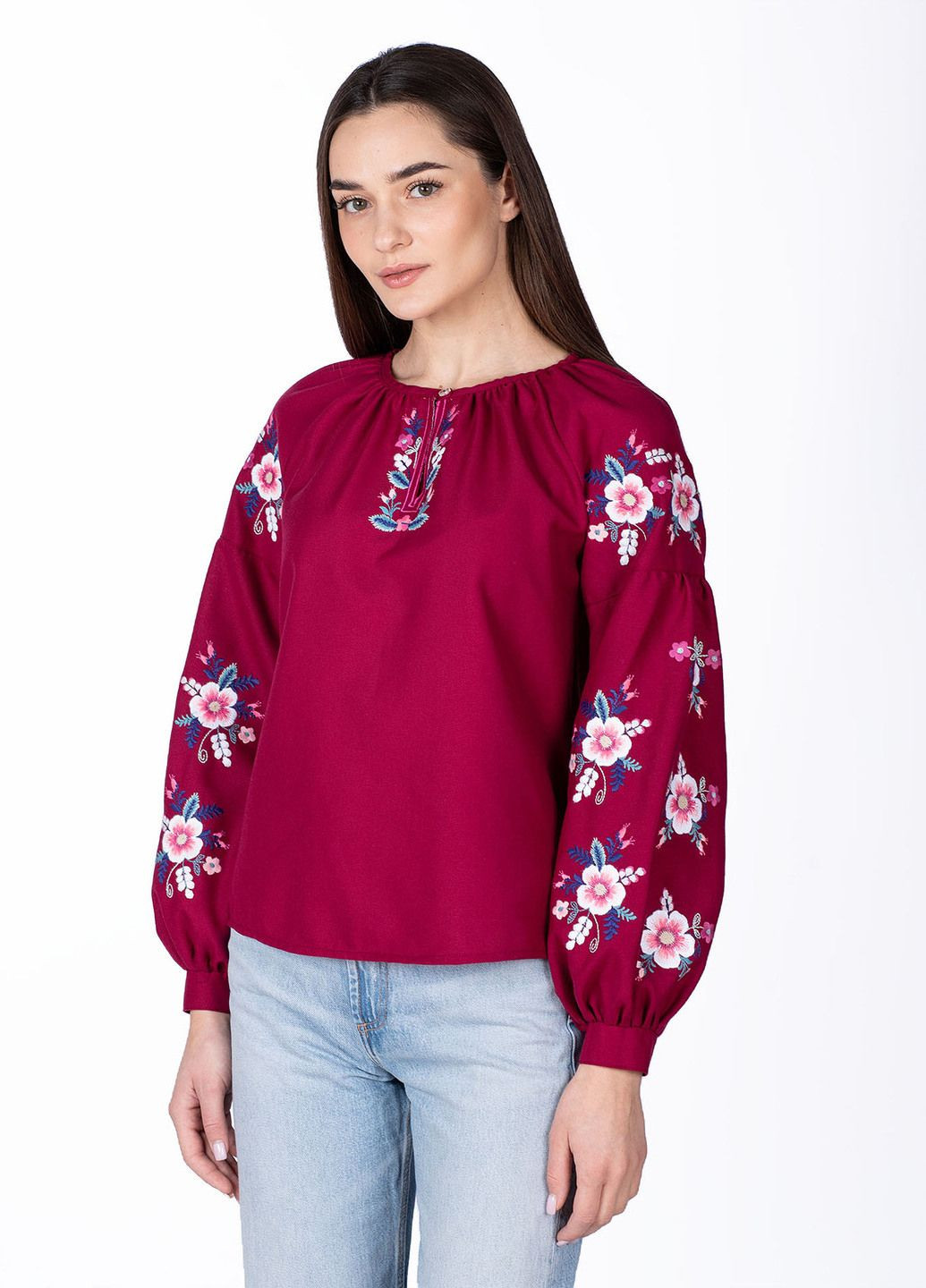 Бордовая блузка женская бордо Едельвіка узор цветочный хлопок, полиэстер (329165173)