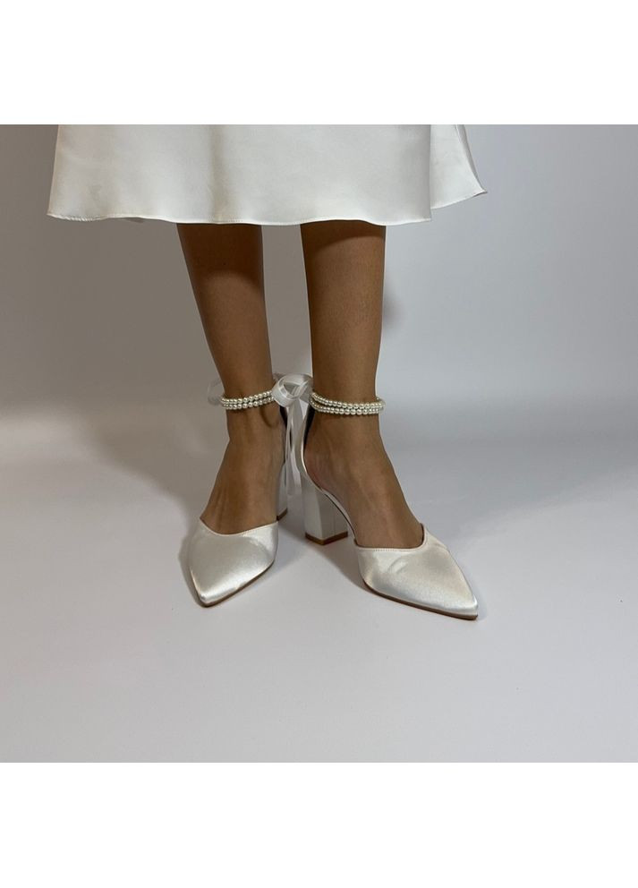 No Brand Женские туфли Свадебные атласные ремешком с жемчугом и брошью жемчуг цветок (снимается) 7,5 см белый з текстиль, — (351394353)