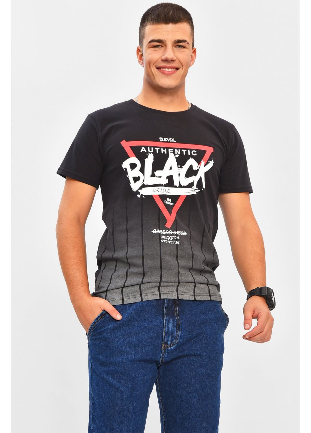 Чорна футболка чоловіча чорного кольору з принтом Let's Shop