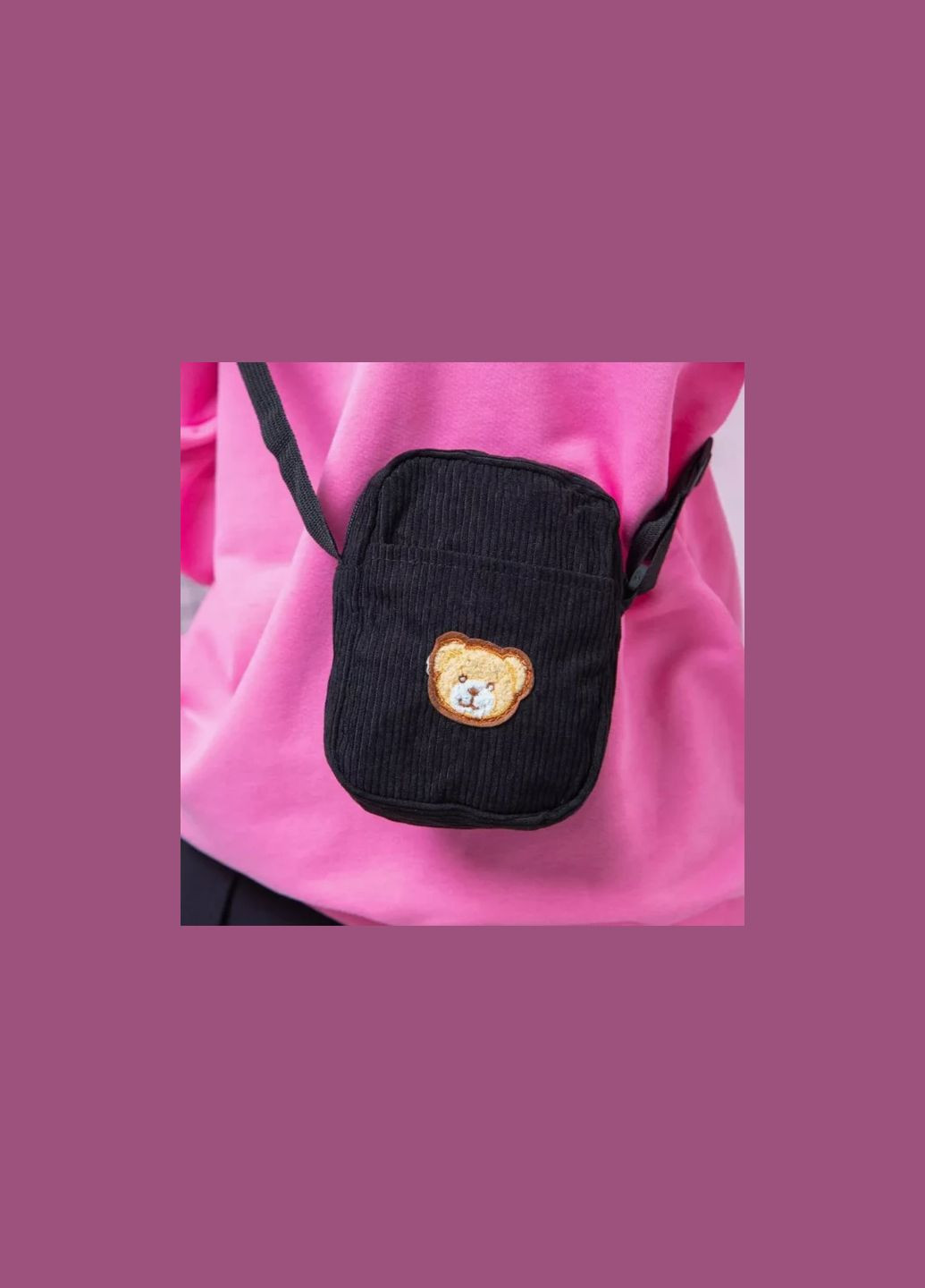 Сумка через плече маленька крос-боді міні-шопер вельветова чорна з ведмедиком No Brand (324227452)