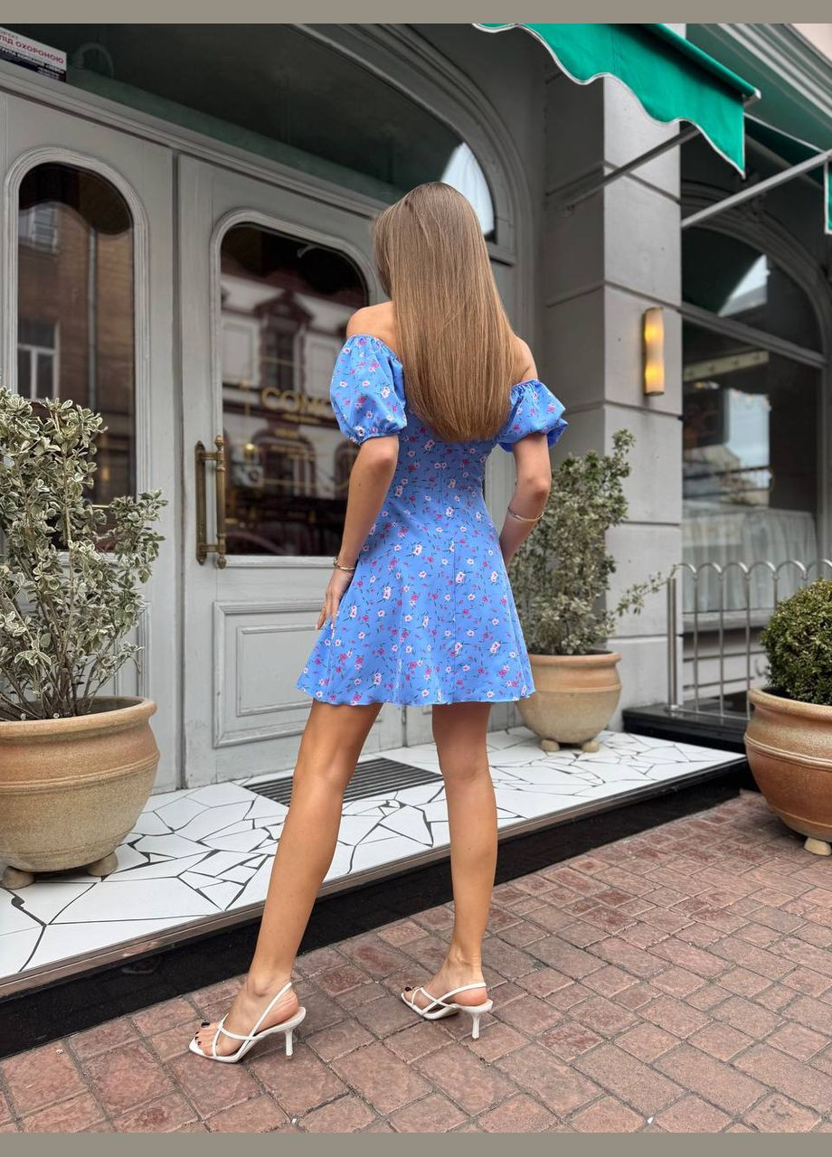 Синя літня сукня міні синього кольору 33208 а-силует No Brand з квітковим принтом