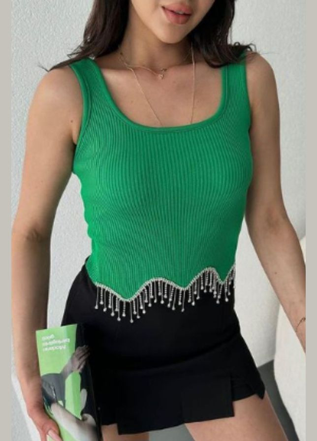 Топ-майка у рубчик жіночий зеленого кольору Let's Shop (293476718)