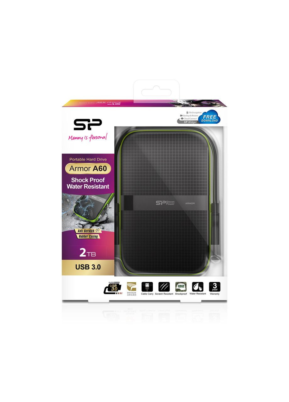 Зовнішній жорсткий диск 2 TB Armor A60 чорно-зелений (SP020TBPHDA60S3K) Silicon Power (294092788)