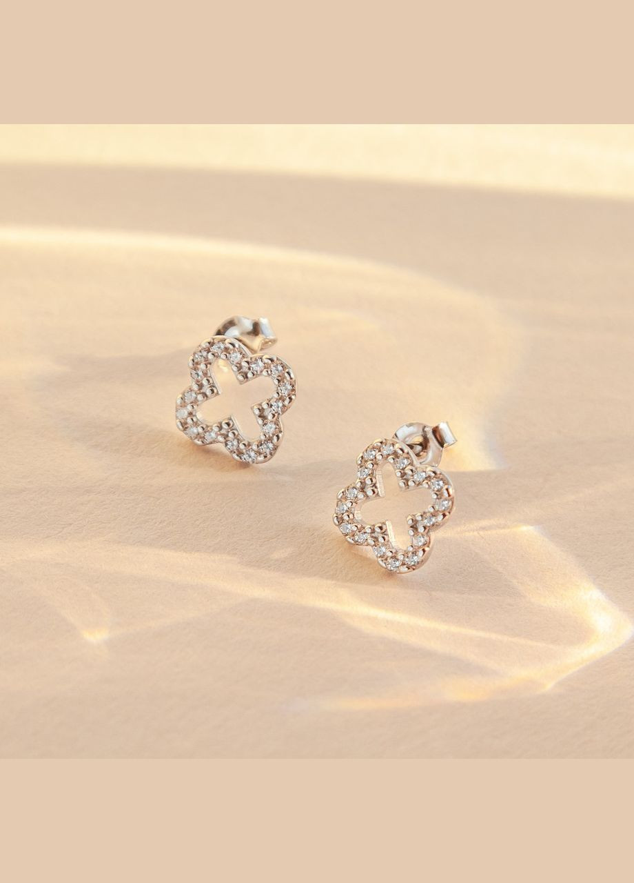 Оригінальні сережки зі срібла пусети Клевер з маленькими білими фіанітами Каштан (342335585)