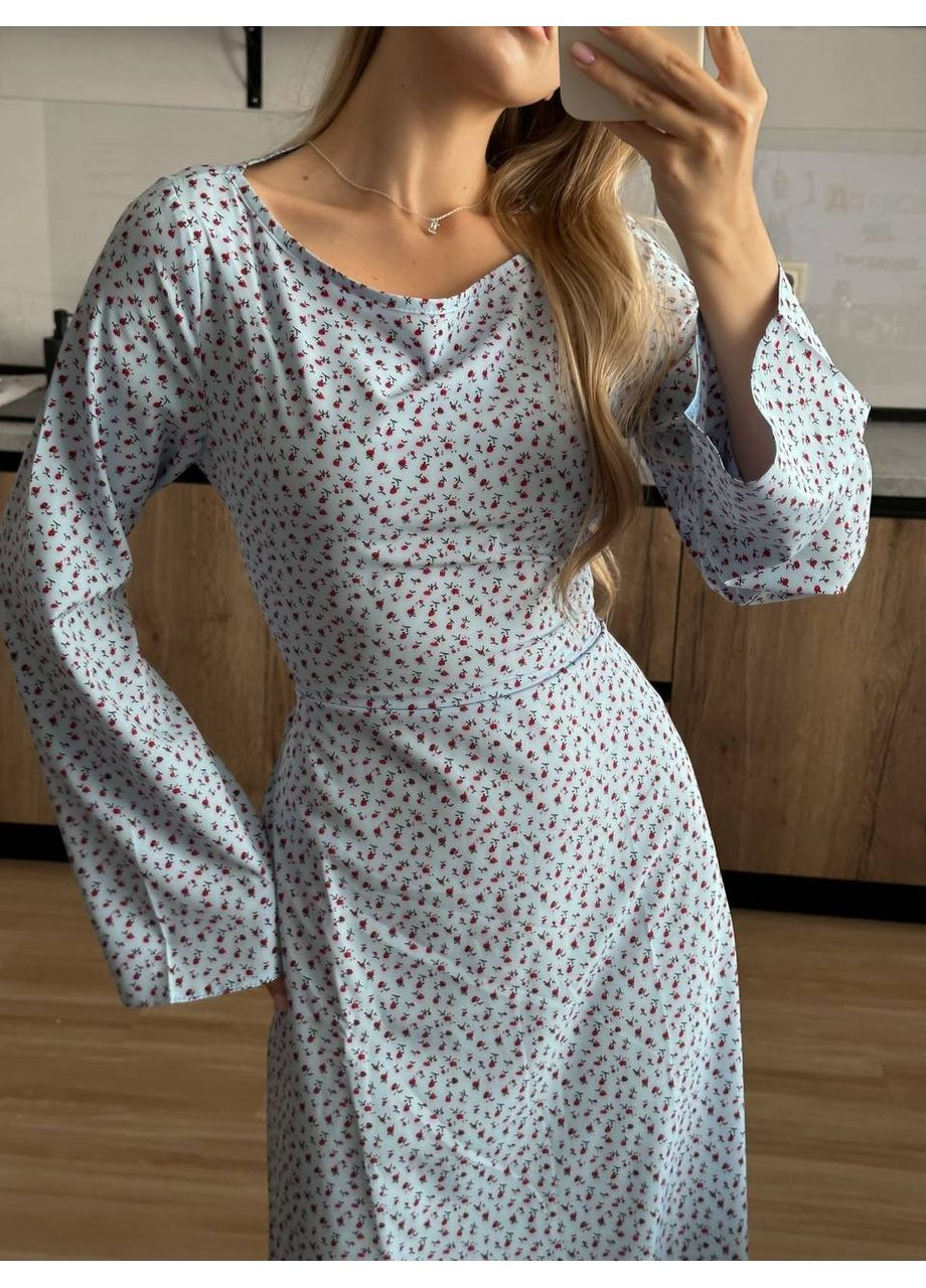 Блакитна повсякденний, коктейльна, вечірня, кежуал жіноча сукня в квітку FINO Mode з квітковим принтом