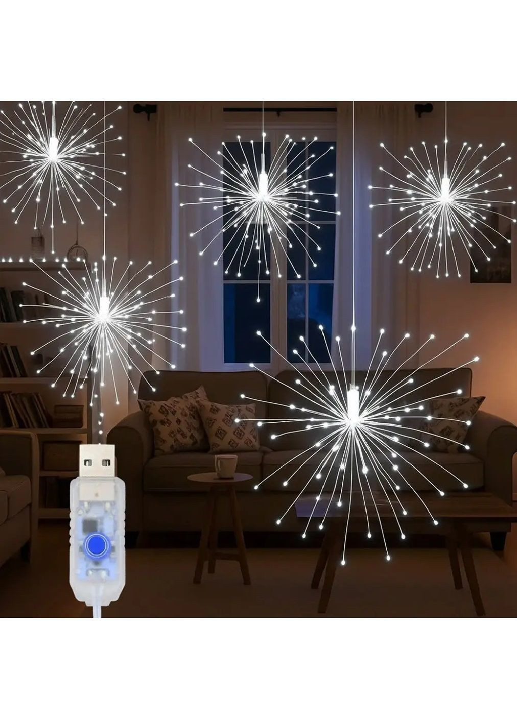 Гирлянда штора фейерверк светодиодная новогодняя комнатная с контроллером работой от USB 3х30 см (482021-Prob) Холодная белая Unbranded (369570035)