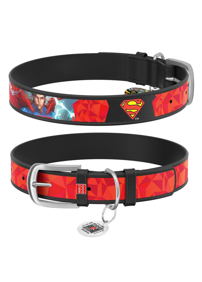 Ошейник для собак кожаный Design с QR паспортом, рисунок "Супермен1", XXS, Ш 12 мм, Дл 18-24 см черный WAUDOG (332879910)