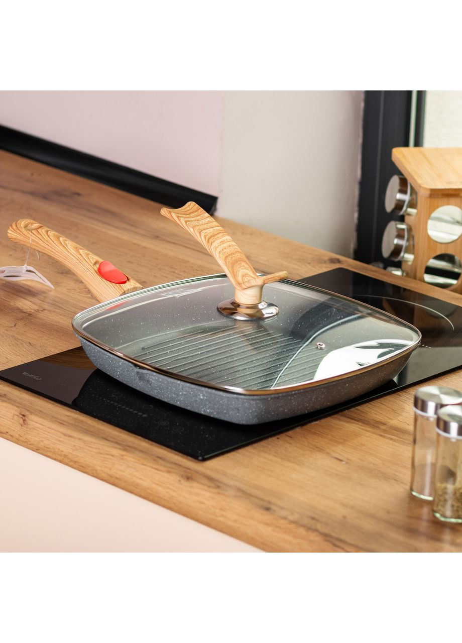 Алюминиевая сковорода-гриль 28 см со стеклянной крышкой Квадрат HP-4-462G MGC (370802491)