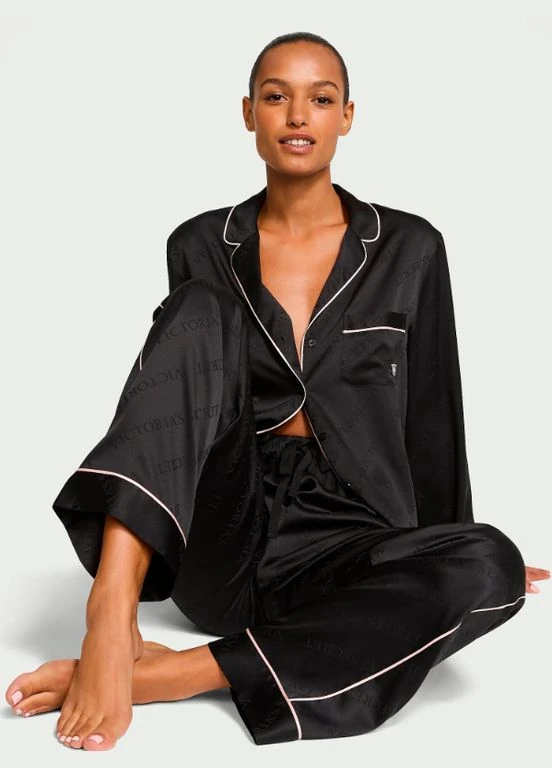 Чорна всесезон сатинова піжама (сорочка+штани)чорна класична satin long pajama set Victoria's Secret
