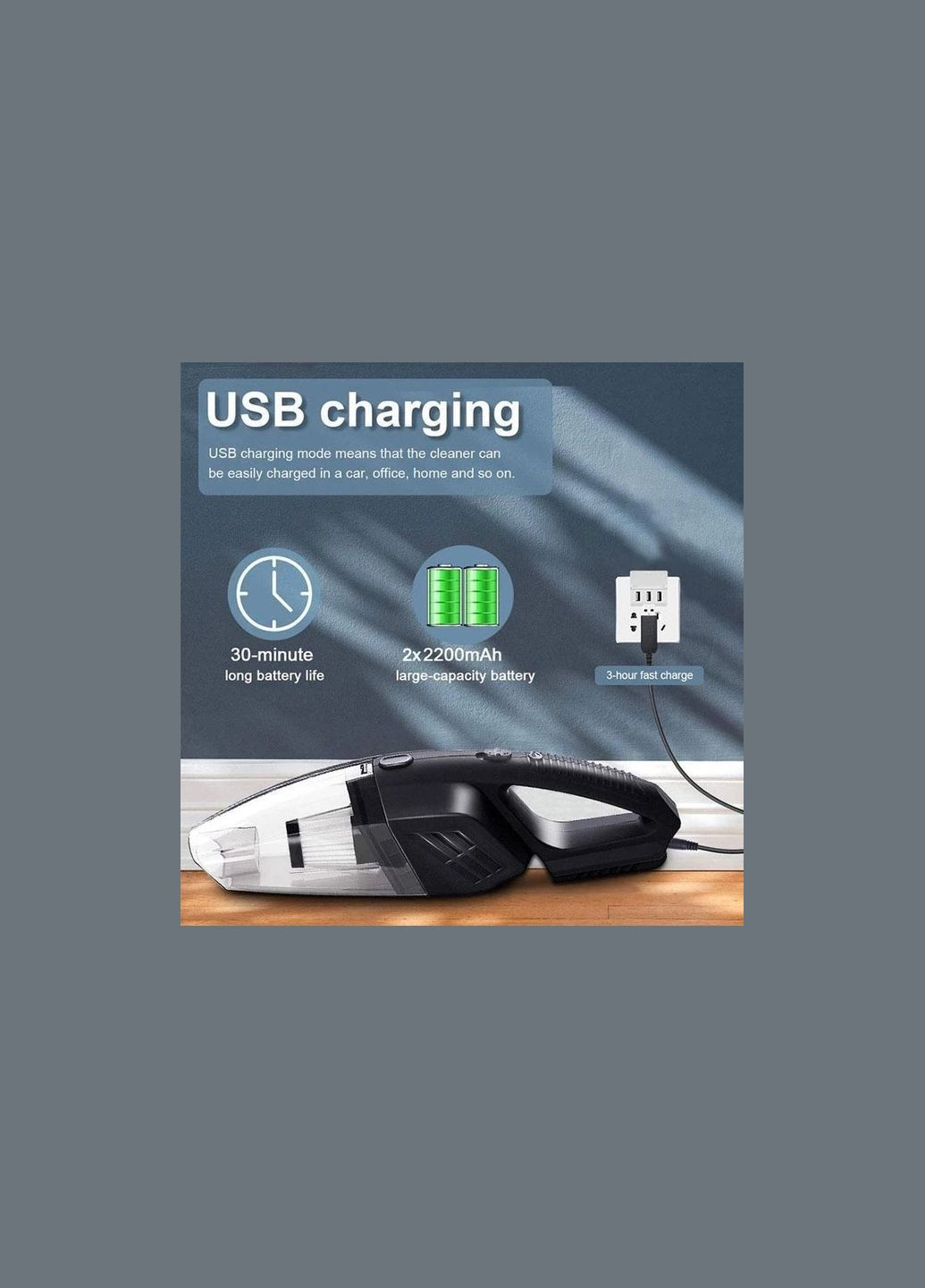 Автомобільний бездротовий ручний пилосос для сухого та вологого прибирання 5W акумуляторний, 7000Па, 140W Grikey (302392429)