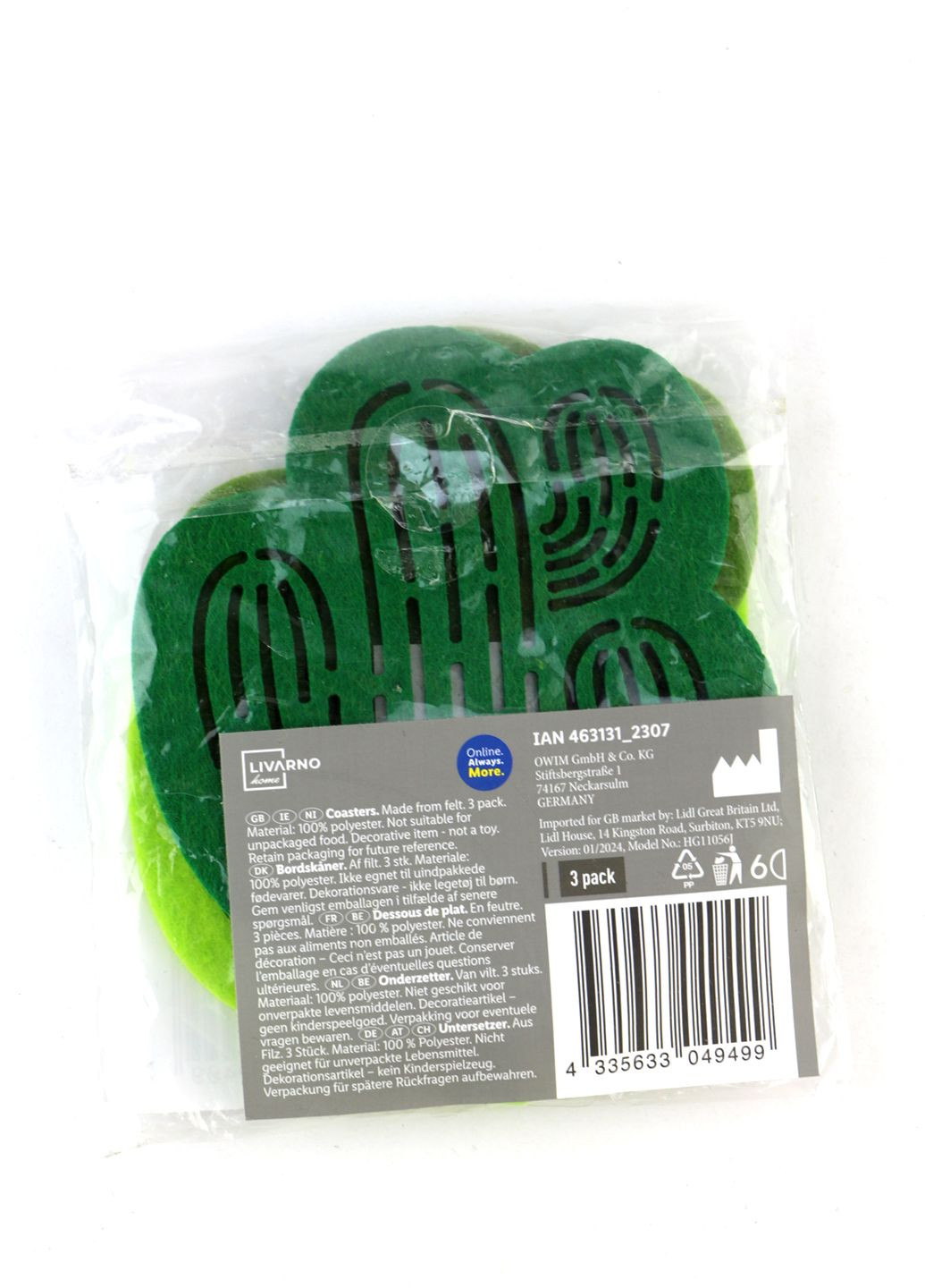 Набор фетровых подставок под горячее «Кактусы» 3 шт комбинированный Livarno home (331017350)