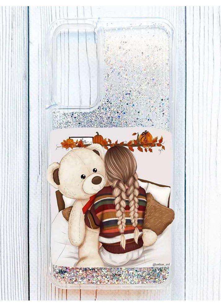 Чохол з плаваючими срібними блискітками на Samsung Galaxy S24 FE Дівчинка з ведмедиком (принт 117) Creative (362970971)