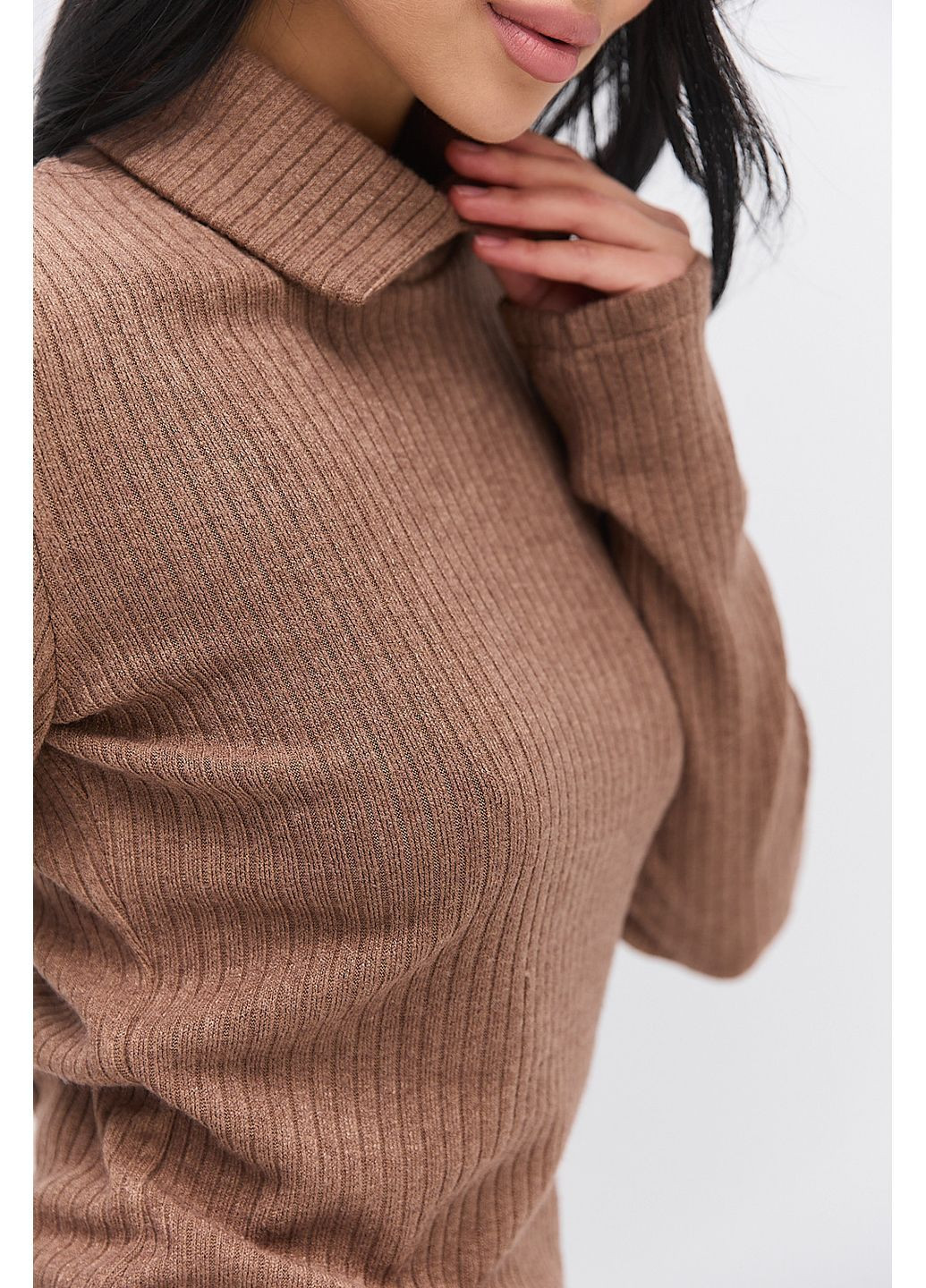 Женский теплый лонгслив в черный рубчик со стояче-отложным воротником Arjen (370601938)