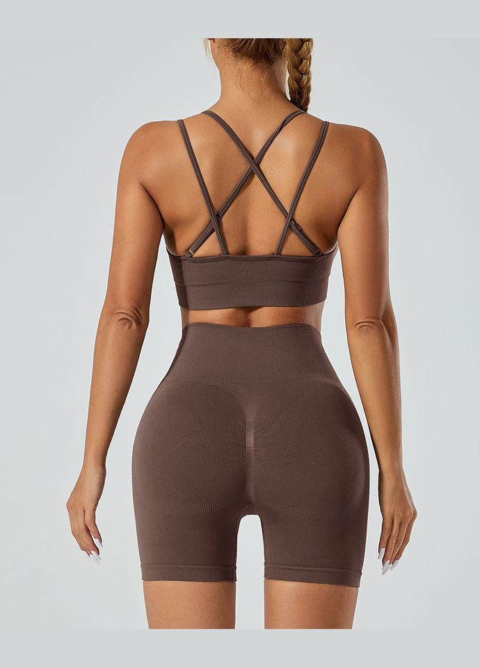 Спортивный костюм (топ на бретелях и шорты) с пуш-ап эффектом шоколадного цвета, размер S Trends (330757846)