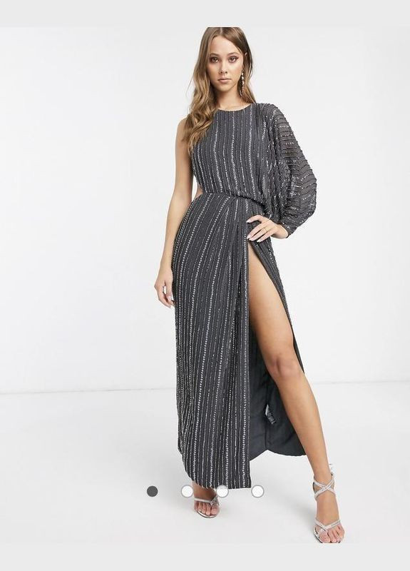 Сіра сукня максі з оздобленням та високим розрізом Asos