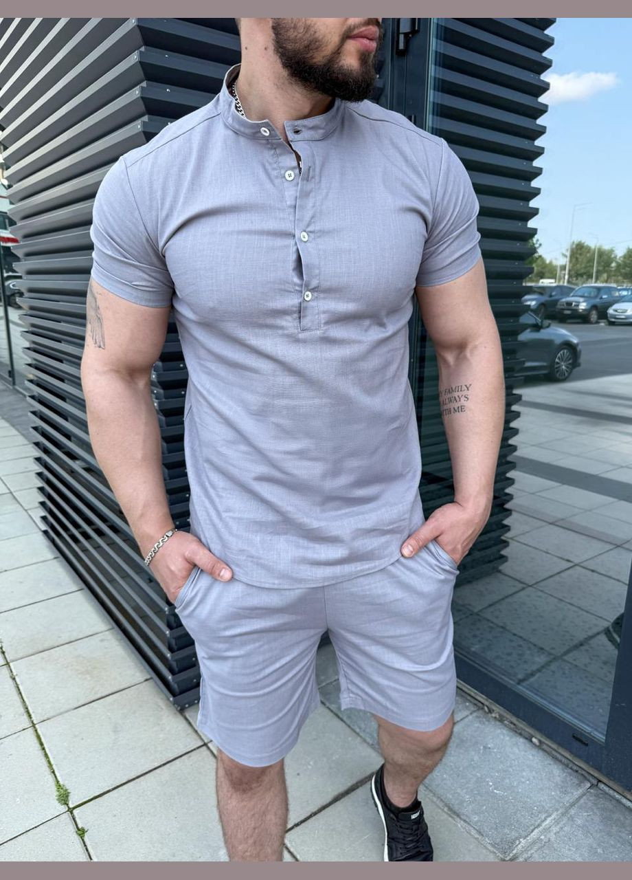 Сірий літній чоловічий лляний комплект на літо з сорочкою, з шортами Vakko