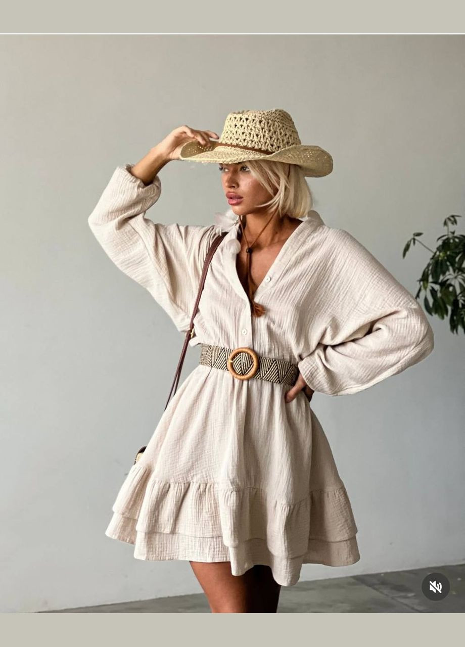 Светло-бежевое повседневный женское муслиновое платье с рюшами клеш Україна однотонное