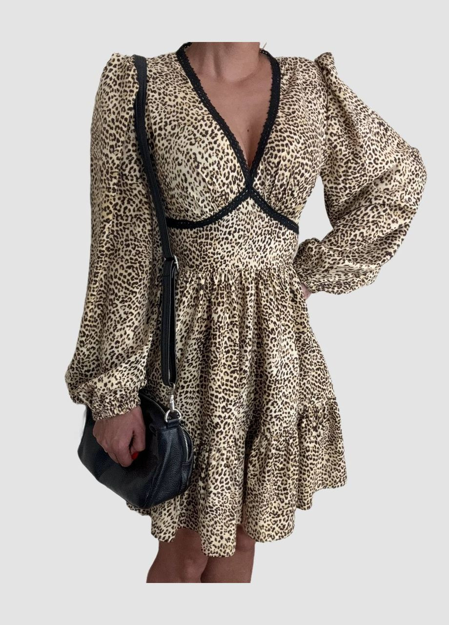 Комбинированное красивое летнее платье с длинным рукавом в трендовом леопардовом цвете из качественного софта, вечернее короткое платье No Brand