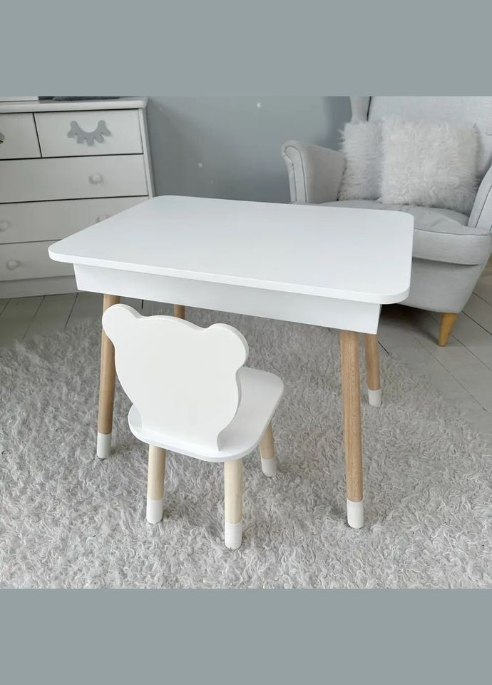 Дитячий столик і стільчик ведмедик білий. Столик із нішею для олівців і розмальовок No Brand (361259123)