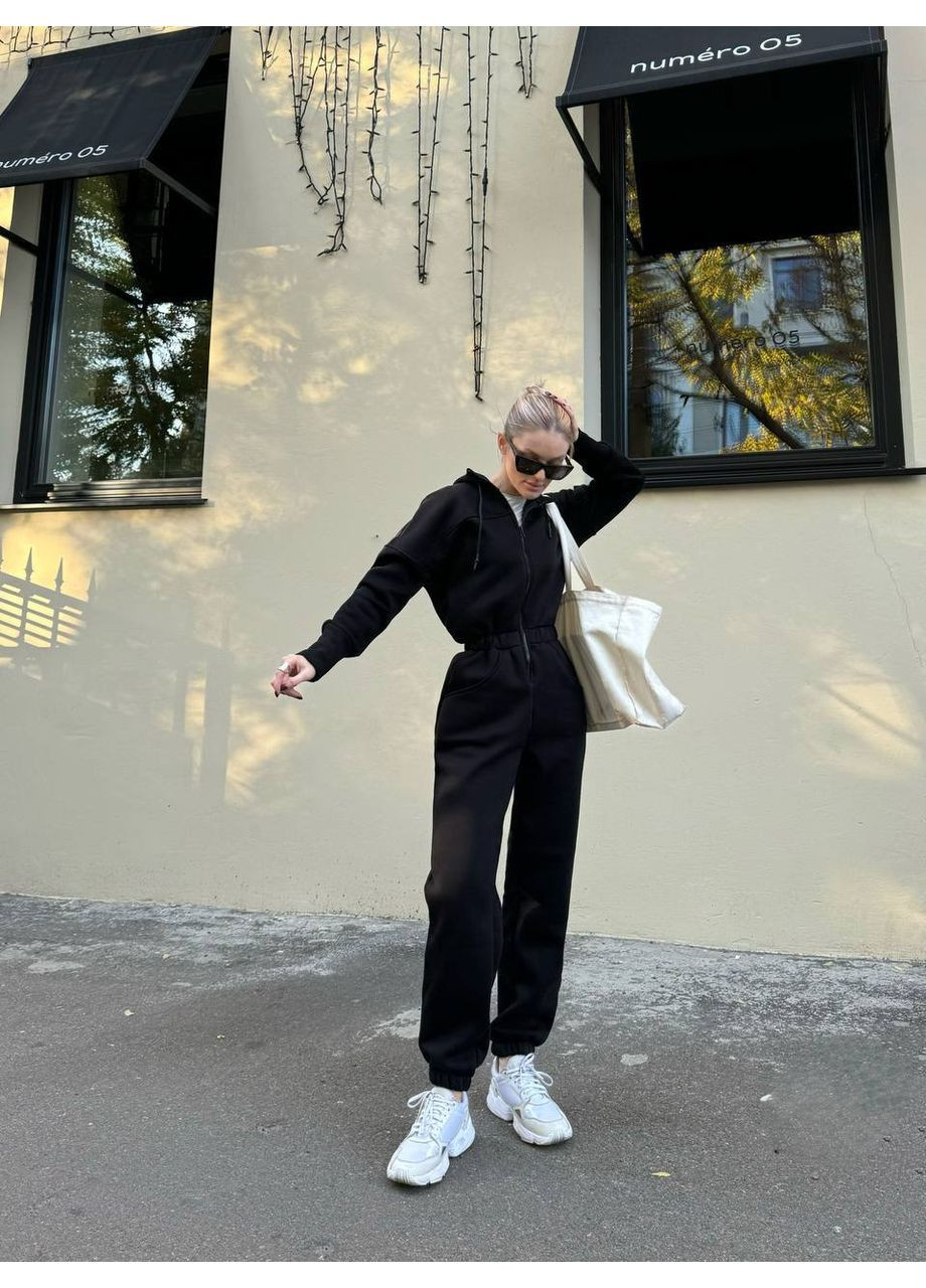 Женский теплый комбинезон FINO Mode комбинезон-брюки чёрный спортивный, повседневный, кэжуал трехнитка с начесом