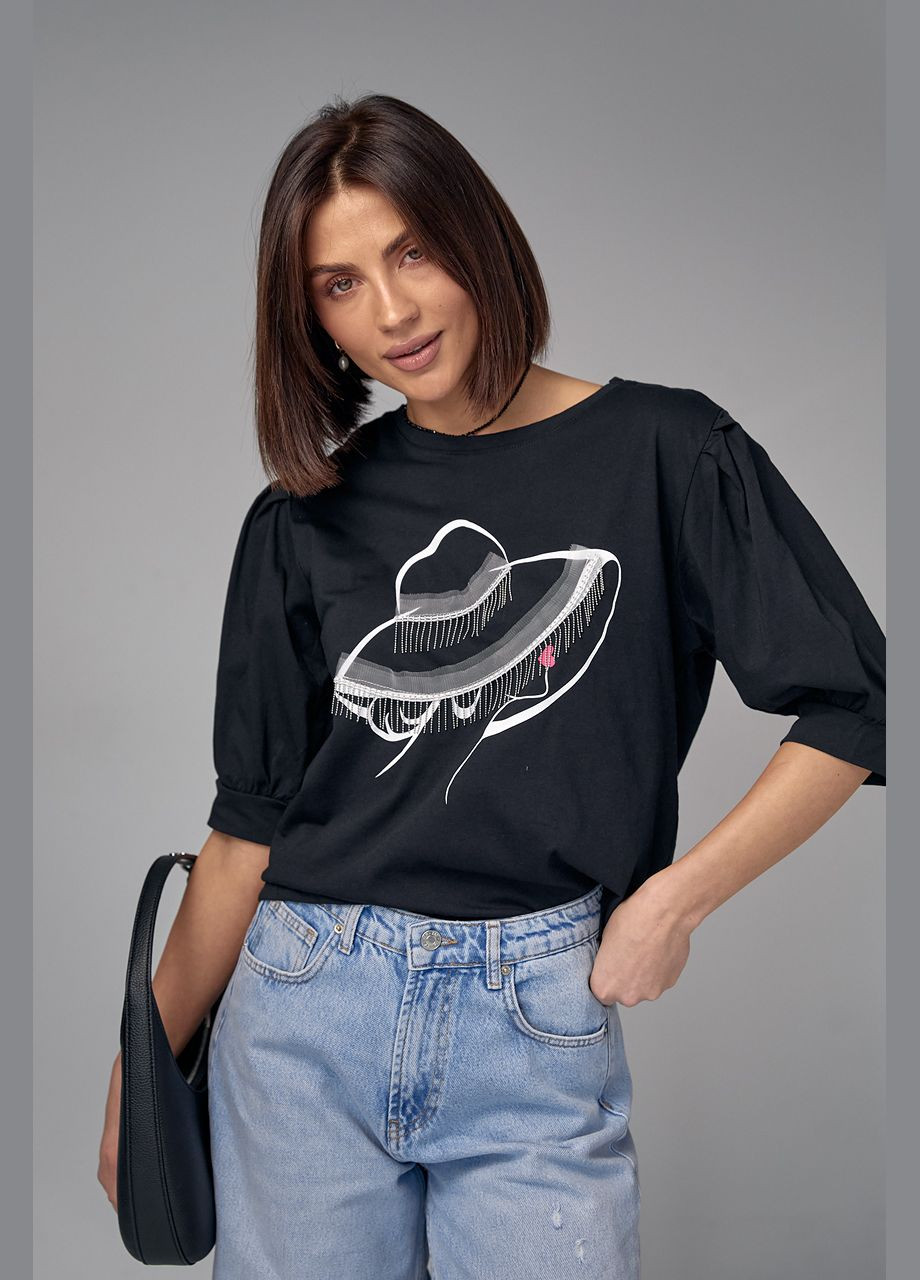 Жіноча футболка з рукавами-ліхтариками та принтом капелюшка Liton - (296988254)