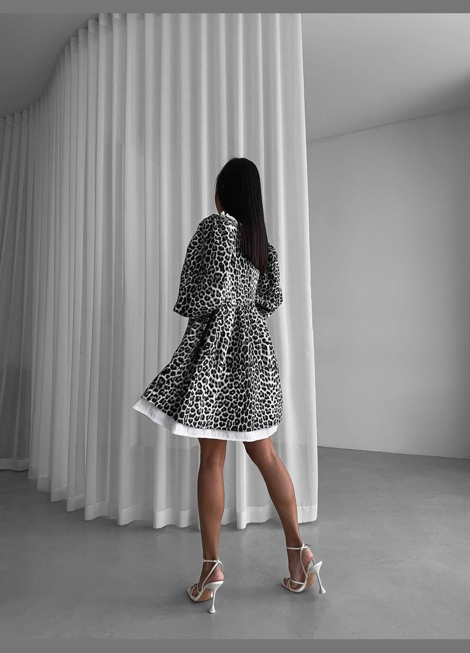 Черное красивое принтованное летнее платье с длинным рукавом в одном размере 42-48, свободное oversize платье в леопардовом цвете No Brand