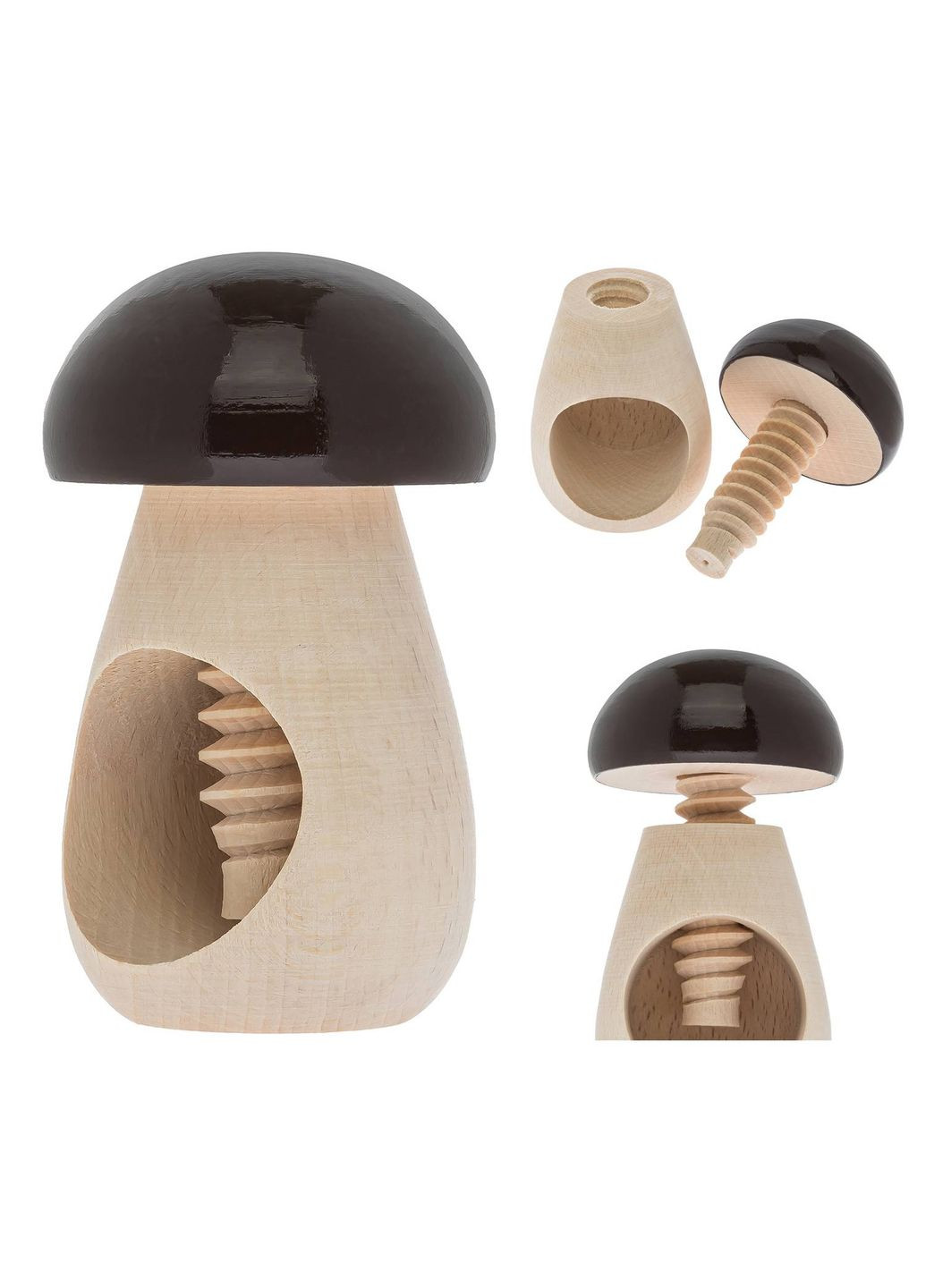 Гвинтовий дерев'яний горіхокол "Гриб" з темно-коричневою шапкою Woodly (295059481)