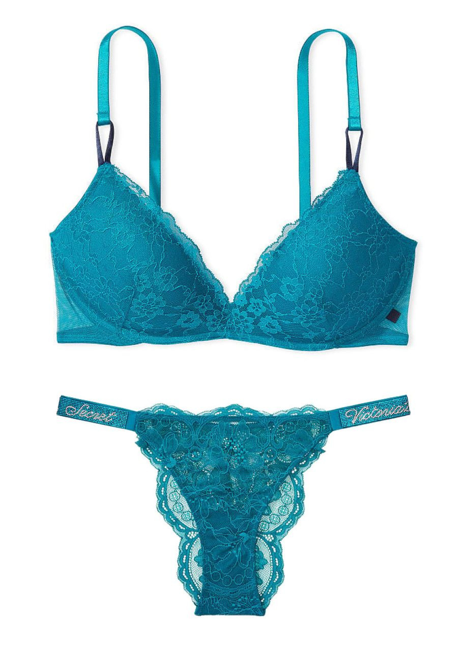 Синий демисезонный комплект (бюстгальтер с пушап + трусики бразилианы со стразами) 80d/m синий Victoria's Secret