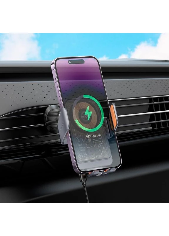 Автодержатель для телефона с БЗП Wireless Fast Charging Car Holder(Air Outlet) Metal Hoco HW7 Transparent Discovery Edition (340279472)