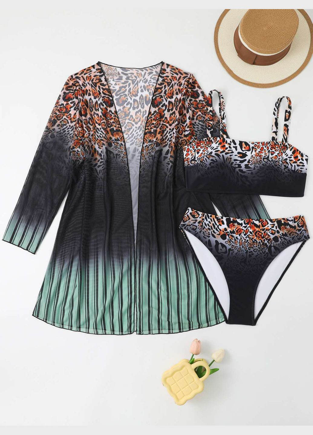Комбинированный летний женский купальник раздельный с леопардовым принтом + туника-халат. раздельный No Brand 1808