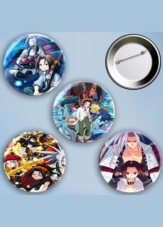 Значки на булавці набір 4 шт Аніме Шаман Кінг металеві на шпильці 56 мм No Brand (303108163)