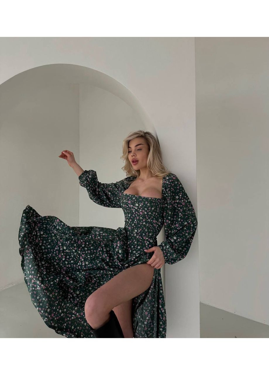 Зелена повсякденний жіноча сукня романтичного фасону з квітковим принтом а-силует, з відкритою спиною Україна