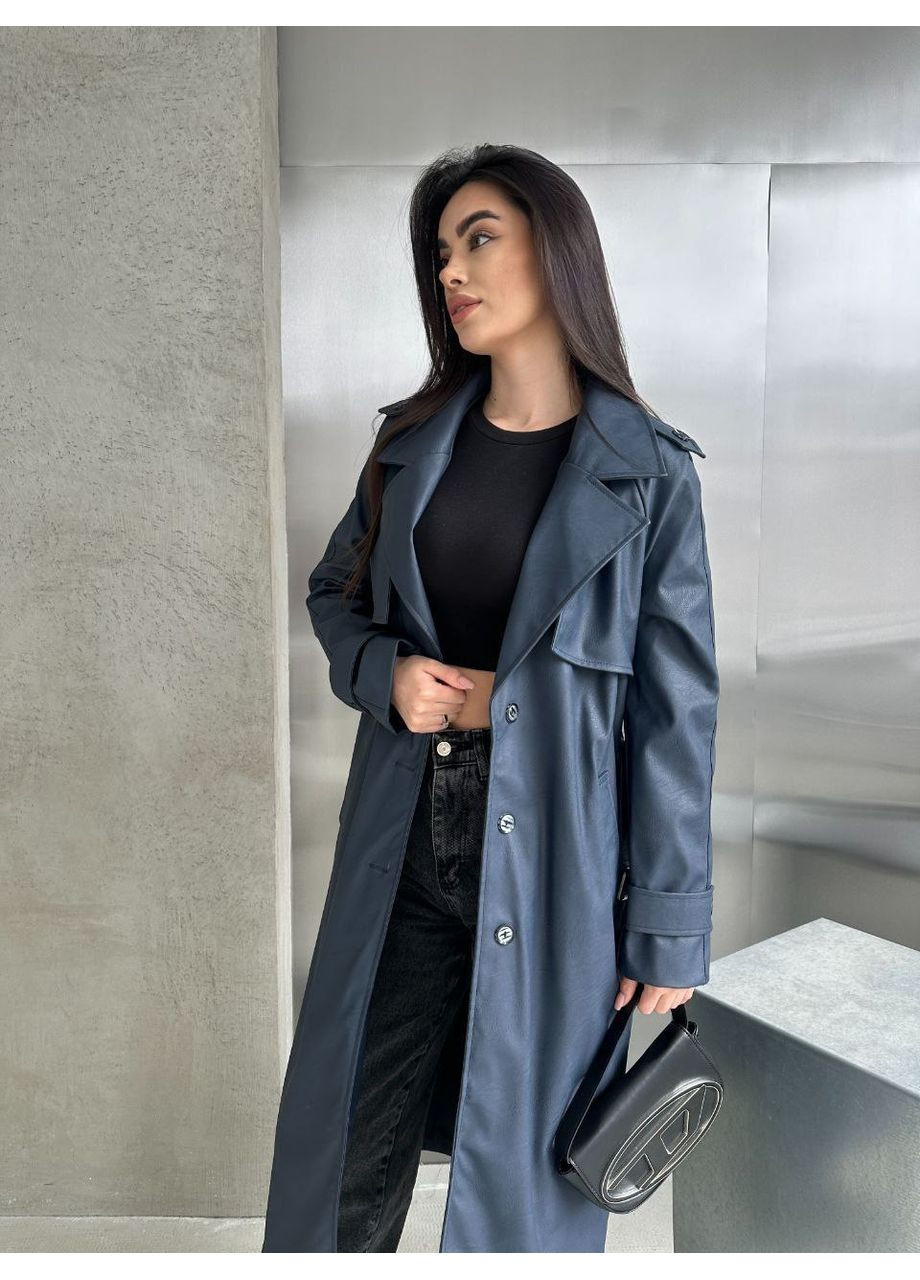 Стильний жіночий тренч із екошкіри з підкладкою — структурна тканина (заміри в описі) Vione на гудзиках демісезон (368708884)