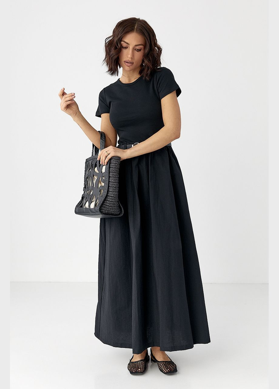 Чорна відвертий жіноча довга сукня з поясом - чорний колір Lurex