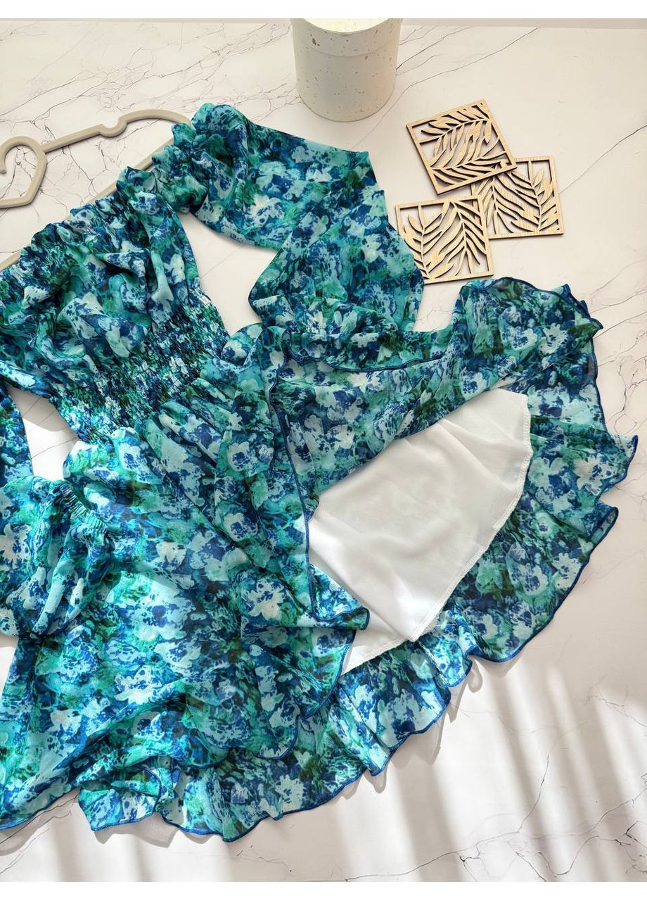 Бирюзовое красивое воздушное платье с длинным рукавом No Brand