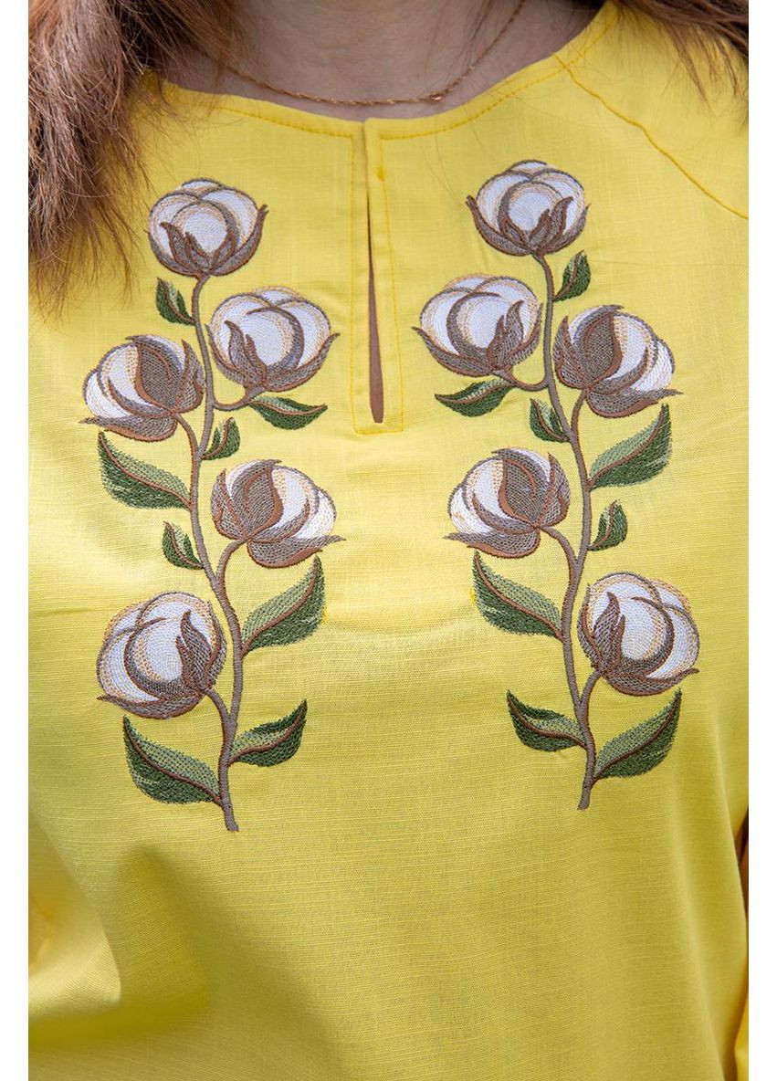 Жовта жіноча лляна блуза жовтого кольору з вишивкою білої бавовни на рукавах і грудях в етно стилі, m льон (301033943)