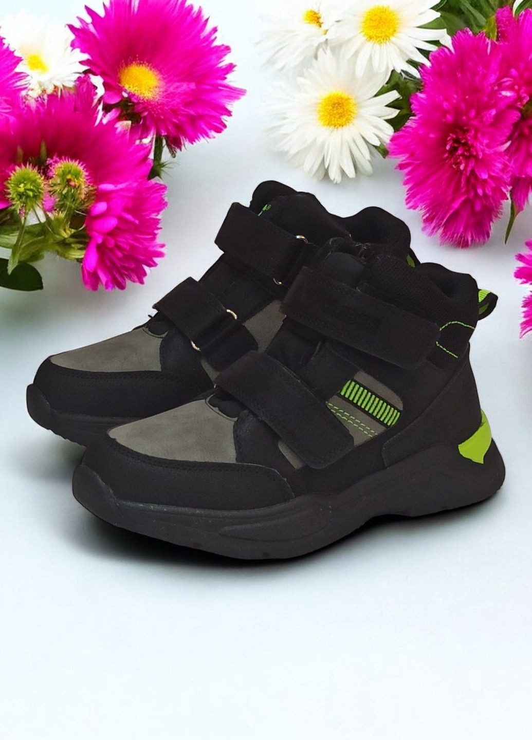 Черные спортивные, повседневные осенние демисезонные ботинки на липучках утепленные для мальчика 515 черные с серым Clibee