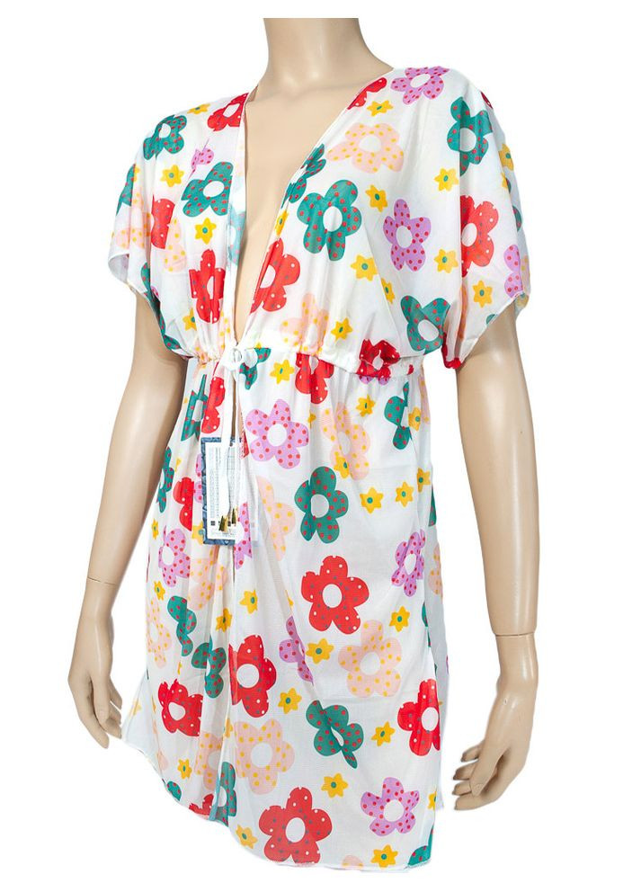 Белый летний пляжная туника, пляжный халат на поясе, эластичная сеточка модель 0168 арт.828 Samegame