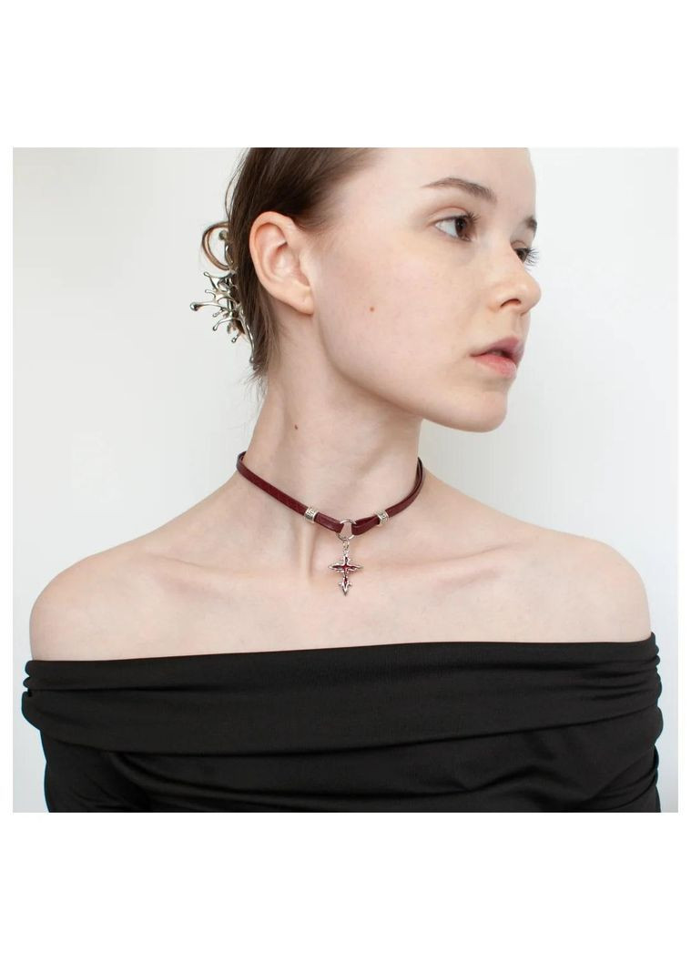 Чокер из кожи y2k стиль красный с кулоном крестика винтажная подвеска гранж мода альт колье кожаное ретро ожерелье аниме fairy No Brand (362575044)