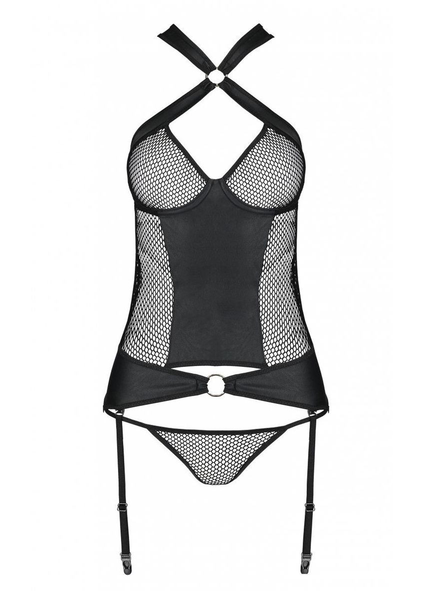 Сетчатый комплект корсет с халтером, съемные подвязки и трусики Amanda Corset black – Passion (297394059)