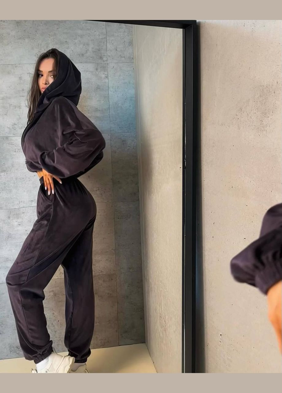 М'який демісезонний велюровий костюм двійка (укорочена кофта+штани), чорний приємний до тіла плюшевий костюм 2-ка No Brand 283-1 (303606570)