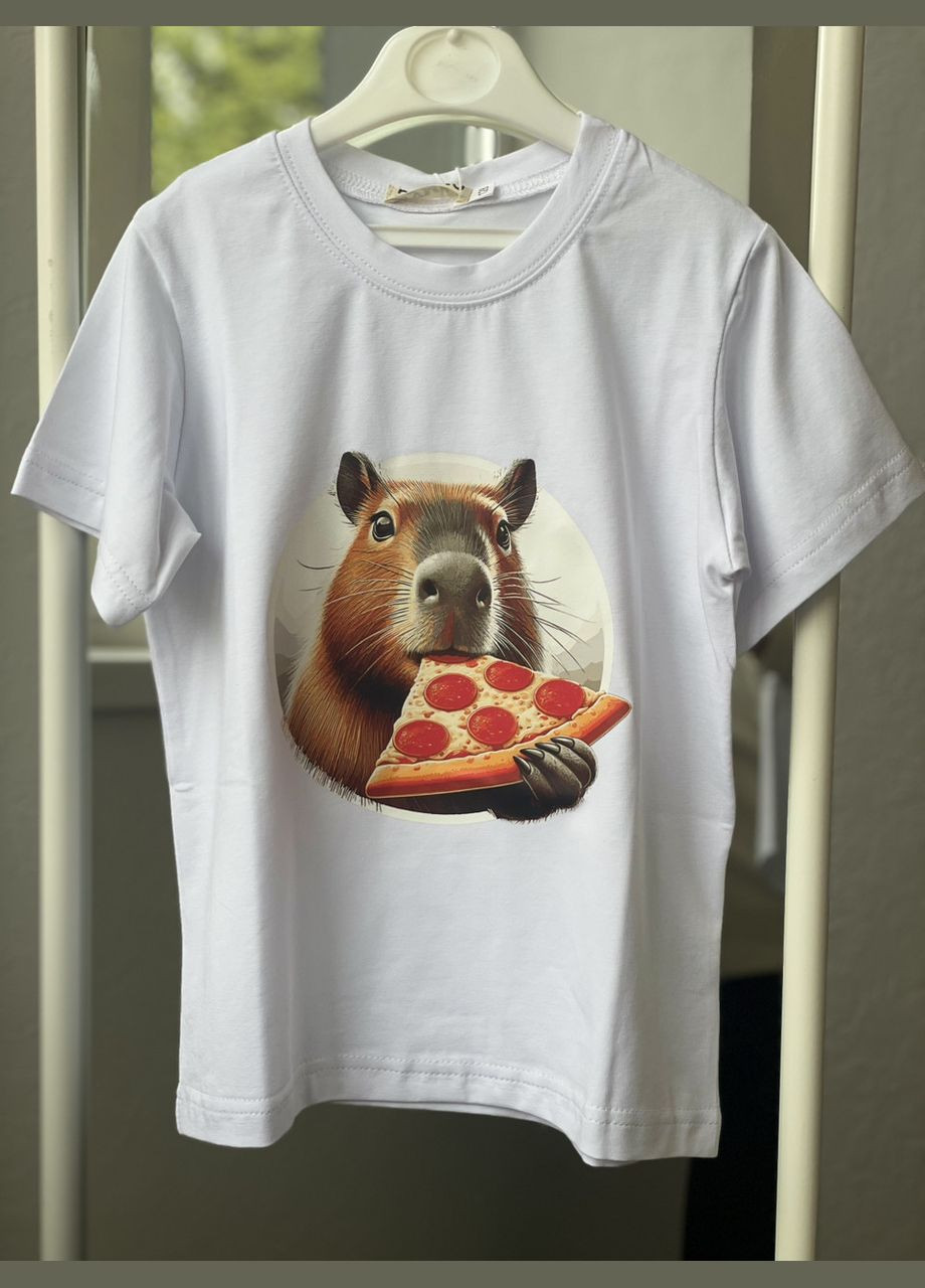 Белая летняя детская футболка с капибарой и пиццей белая No Brand