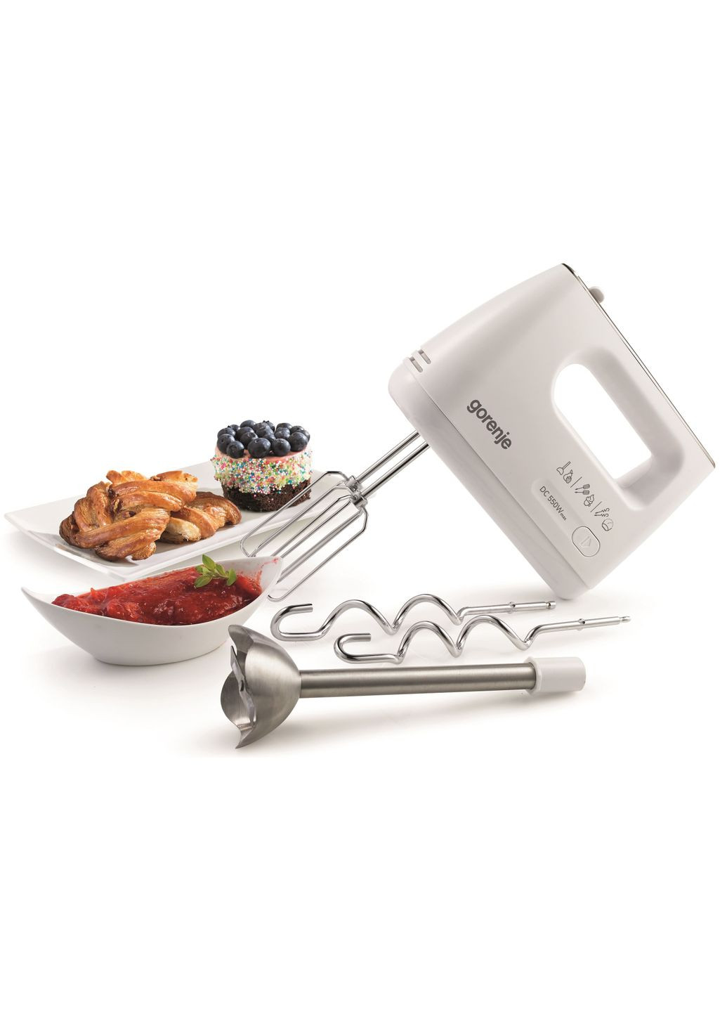 Миксер M550CSDC ручной 550Вт, насадки-4 венчика + блендер, турборежим, Gorenje (370605207)