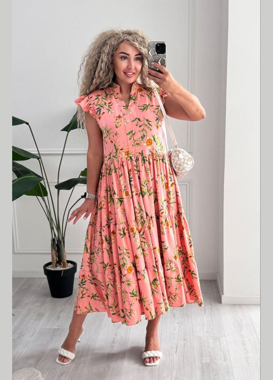 Персиковое повседневный, кэжуал женское платье Україна с цветочным принтом