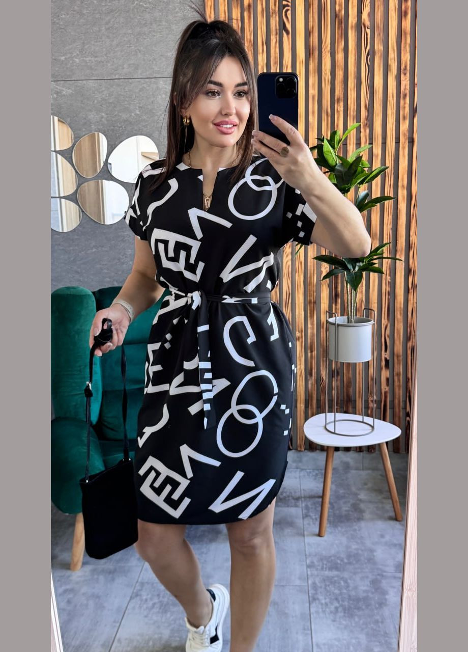 Чорна повсякденний жіноча сукня міні з поясом а-силует Україна з абстрактним візерунком