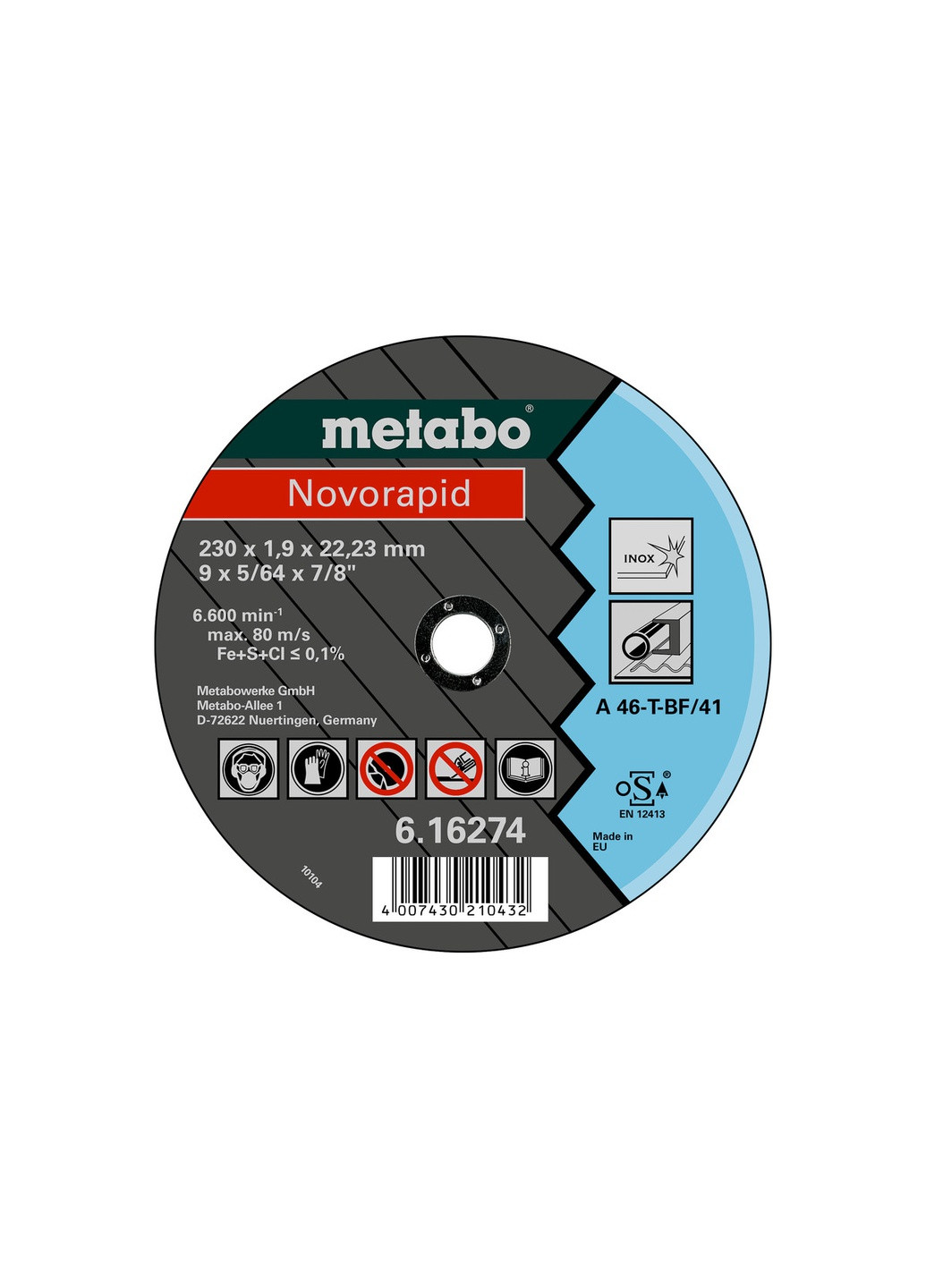 Відрізний диск Novorapid 230x1,9x22,23 мм, Inox, по нержавіючій сталі, TF 41 616274000 (8400) Metabo (267819237)