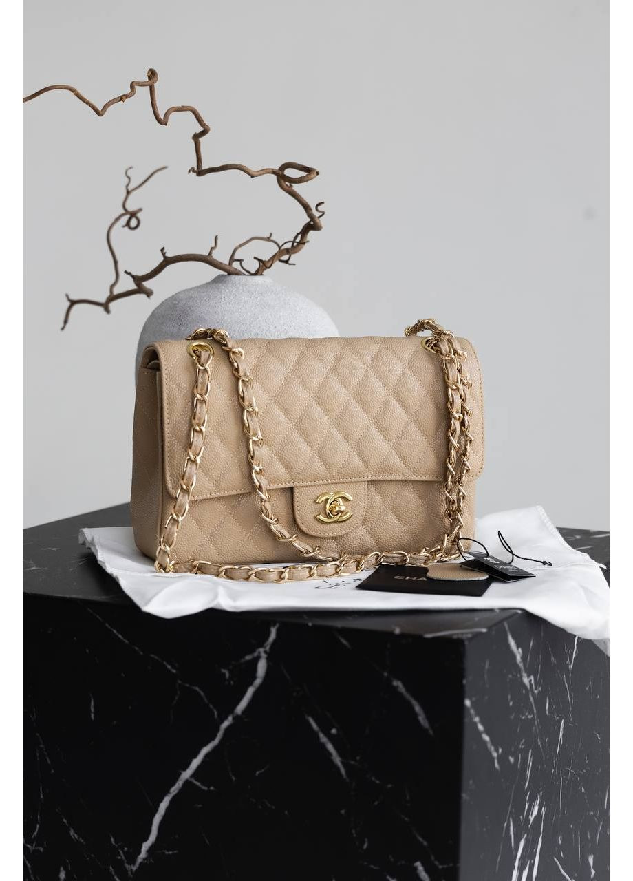 Шкіряна жіноча сумка класична Chanel Classic 2.55 Medium Double Flap in Beige/Gold бежева No Brand (369653491)