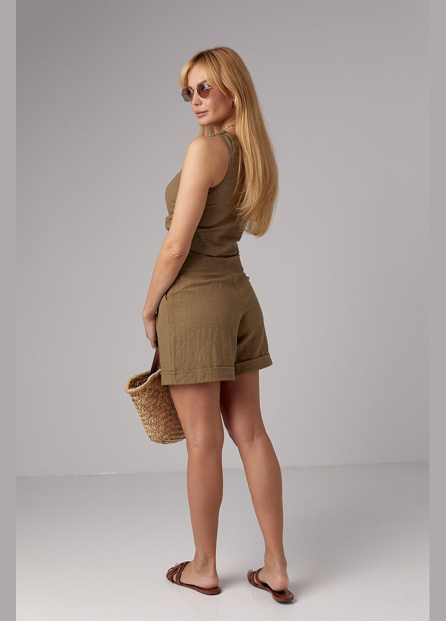 Жіночий лляний костюм з шортами та асиметричним топом 03015 Lurex (299266049)