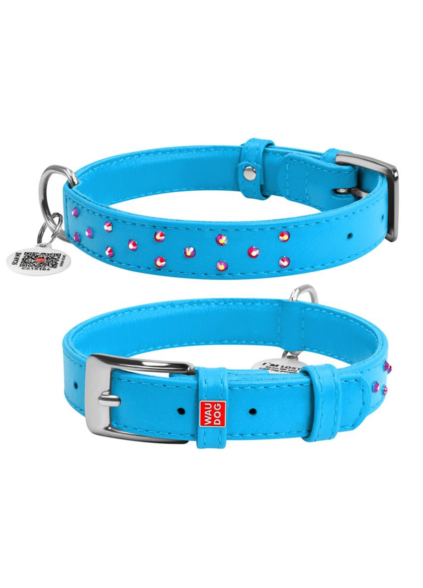 Ошейник для собак кожаный Glamour с QR паспортом, с клеевыми стразами, Ш 25 мм, Дл 38-49 см голубой WAUDOG (322327985)